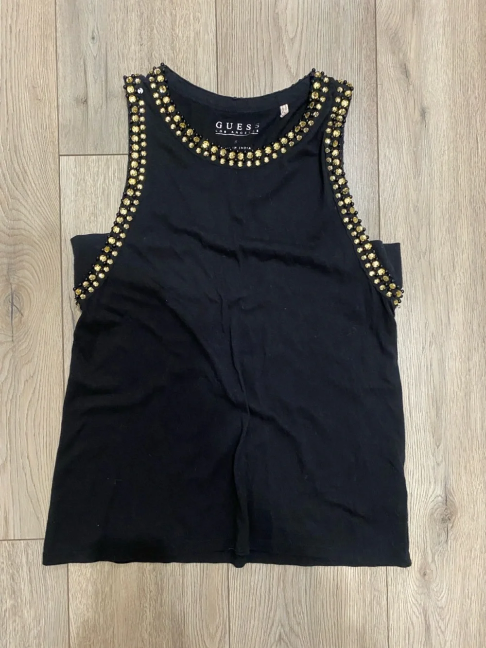 Guess Black Tank Top with Gold Stud Trim - Picture 1 of 3